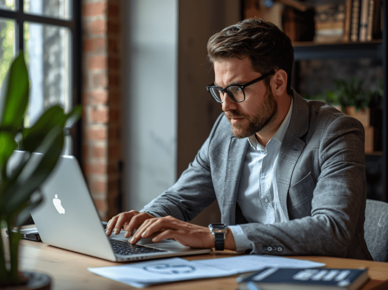 Small business owner reviewing website conversion issues on a laptop